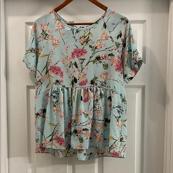 LARA Floral Print Blouse - Light Blue and Pink Medium - Picture 1 of 6